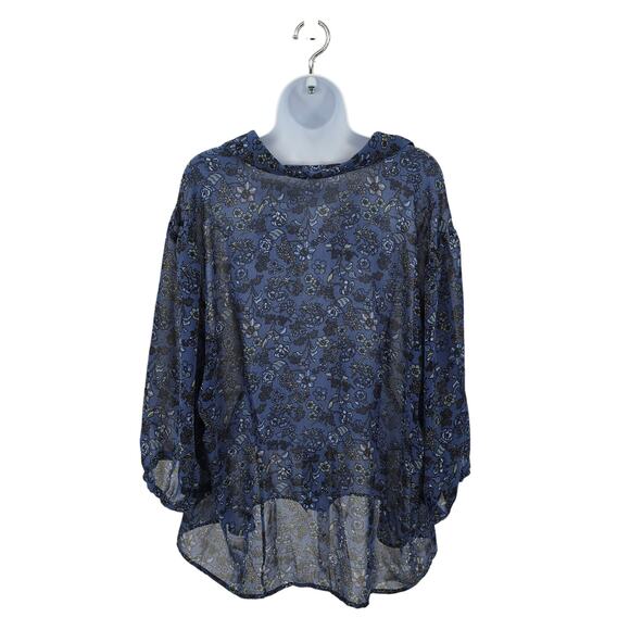 GNW Womens Blue Floral Sheer Blouse Sz 2X Button Up Plus 3/4 Sleeve Summer Top - Picture 2 of 4